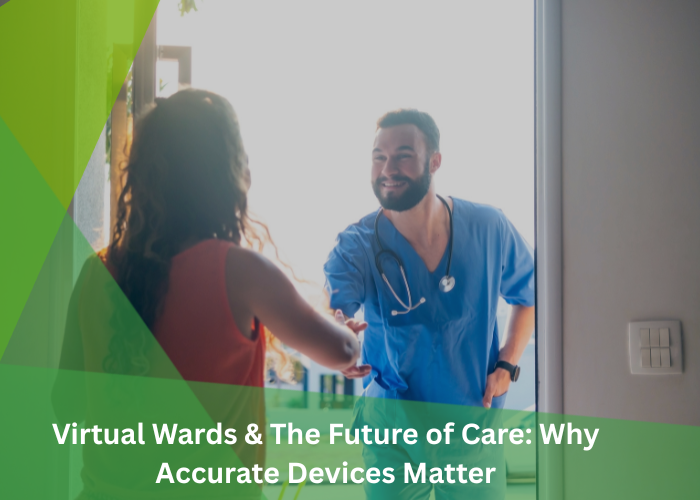 A community nurse using a clinical-grade non-contact thermometer to check an elderly patient's vital signs in a home setting as part of a virtual ward program.